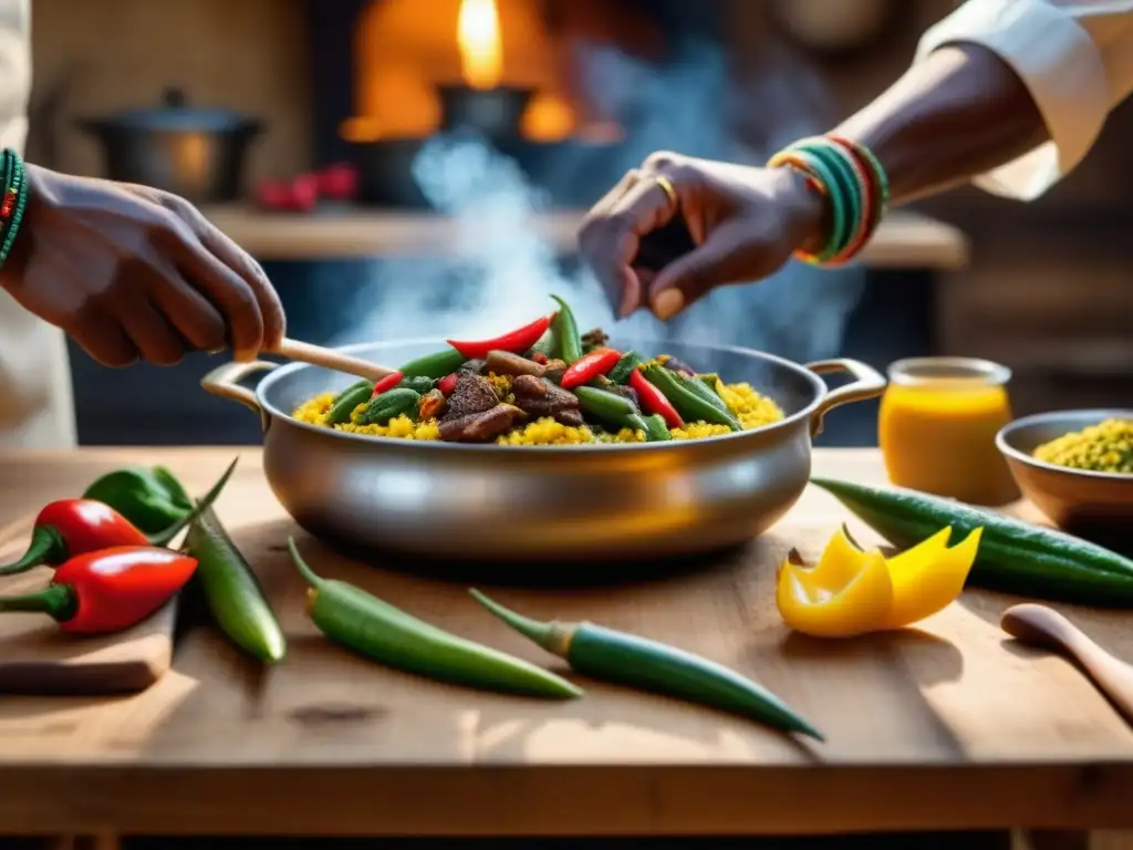 Una escena detallada de la preparación de una comida tradicional africana en una mesa de madera