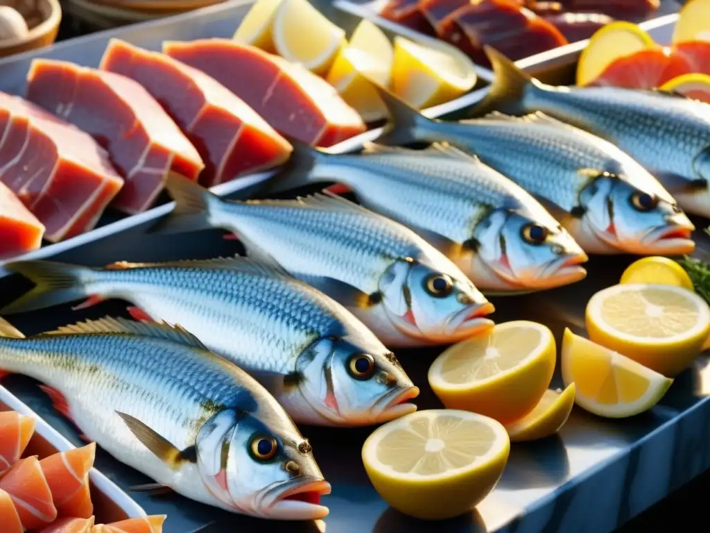 Escena detallada de un puesto griego con pescados frescos y carnes, destacando la diversidad de ingredientes en la Dieta griega antigua historia