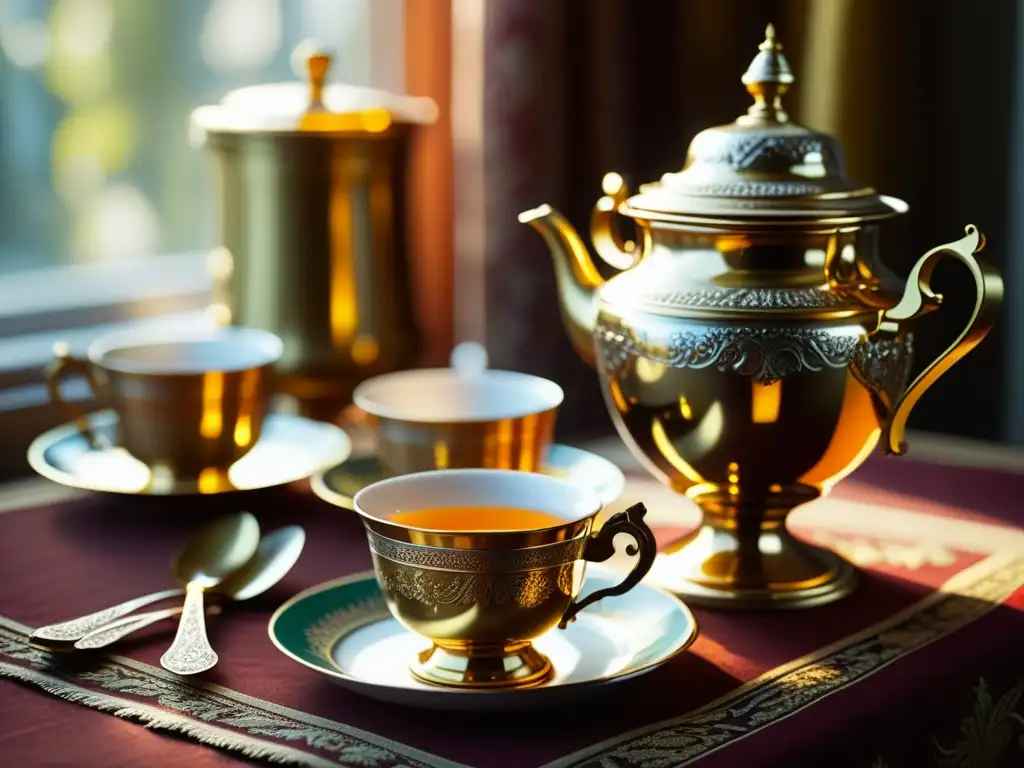 Una escena detallada de un samovar ruso, rodeado de tazas de té, hojas sueltas y dulces, iluminado por el sol