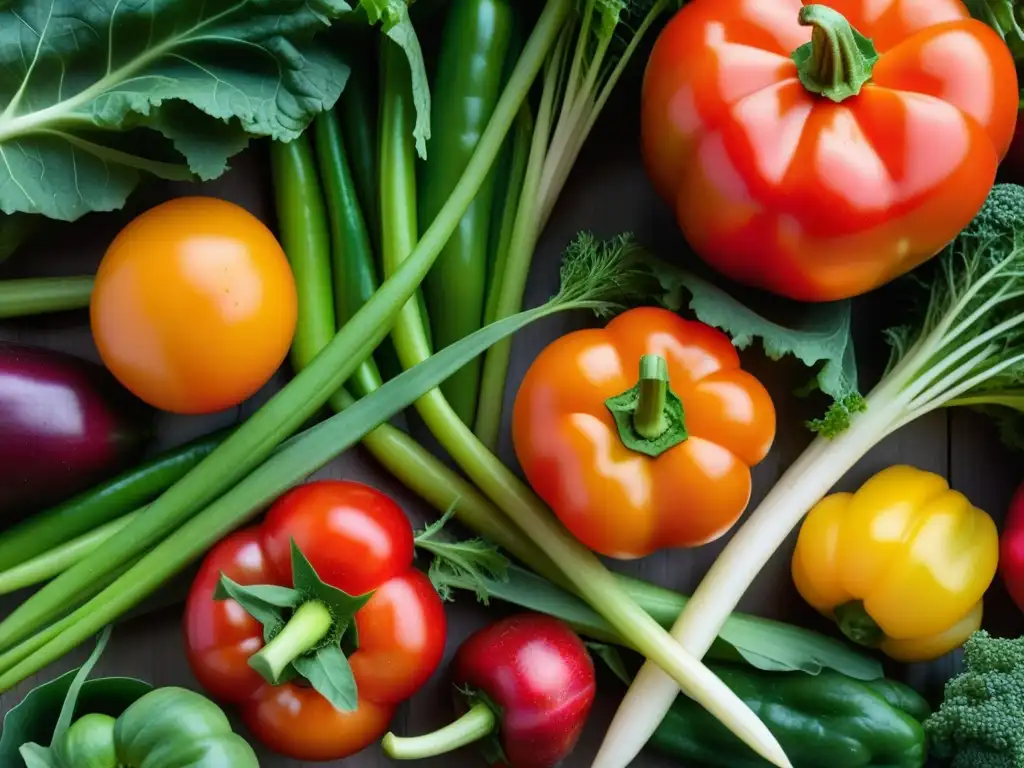 Una escena detallada de vegetales orgánicos vibrantes, resaltando texturas y colores