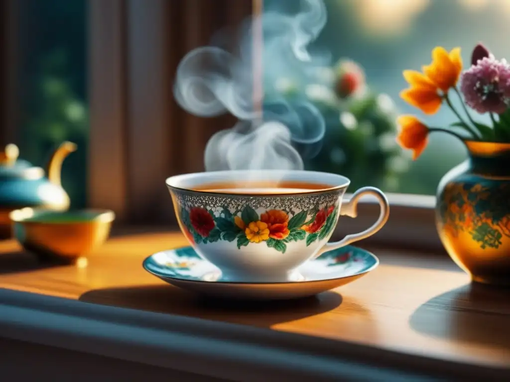 Una escena elegante y tradicional con una taza de té de porcelana adornada con flores, evocando la historia del té en culturas