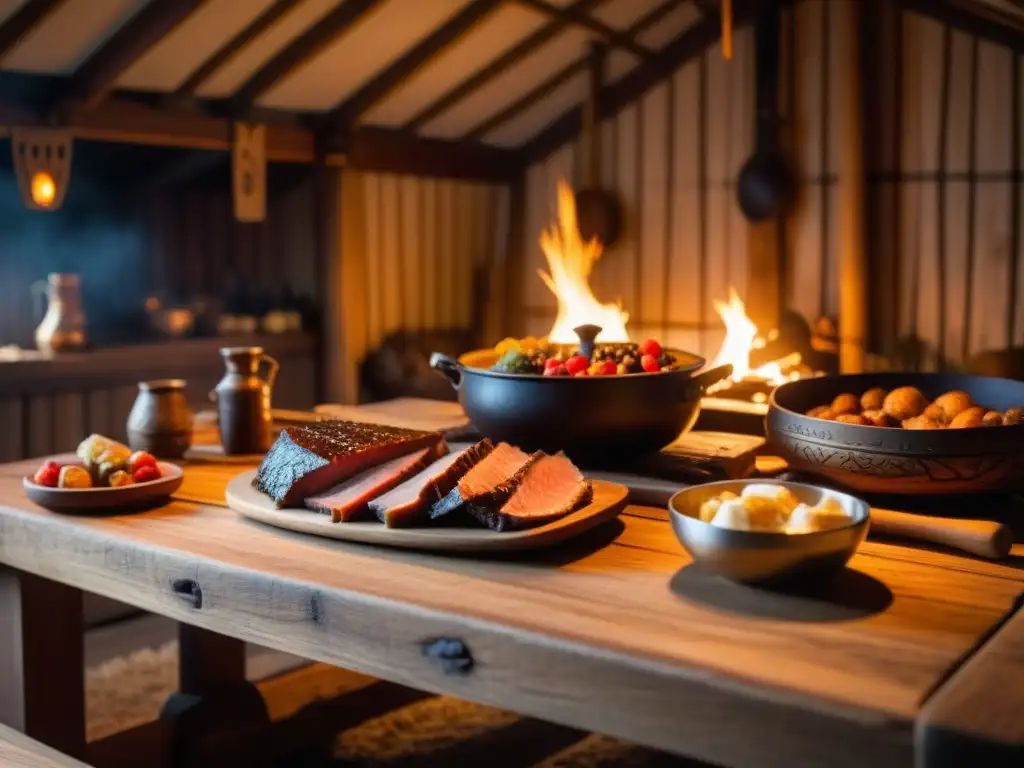 Escena envolvente de un banquete vikingo en una casa tradicional, con alimentos y símbolos religiosos