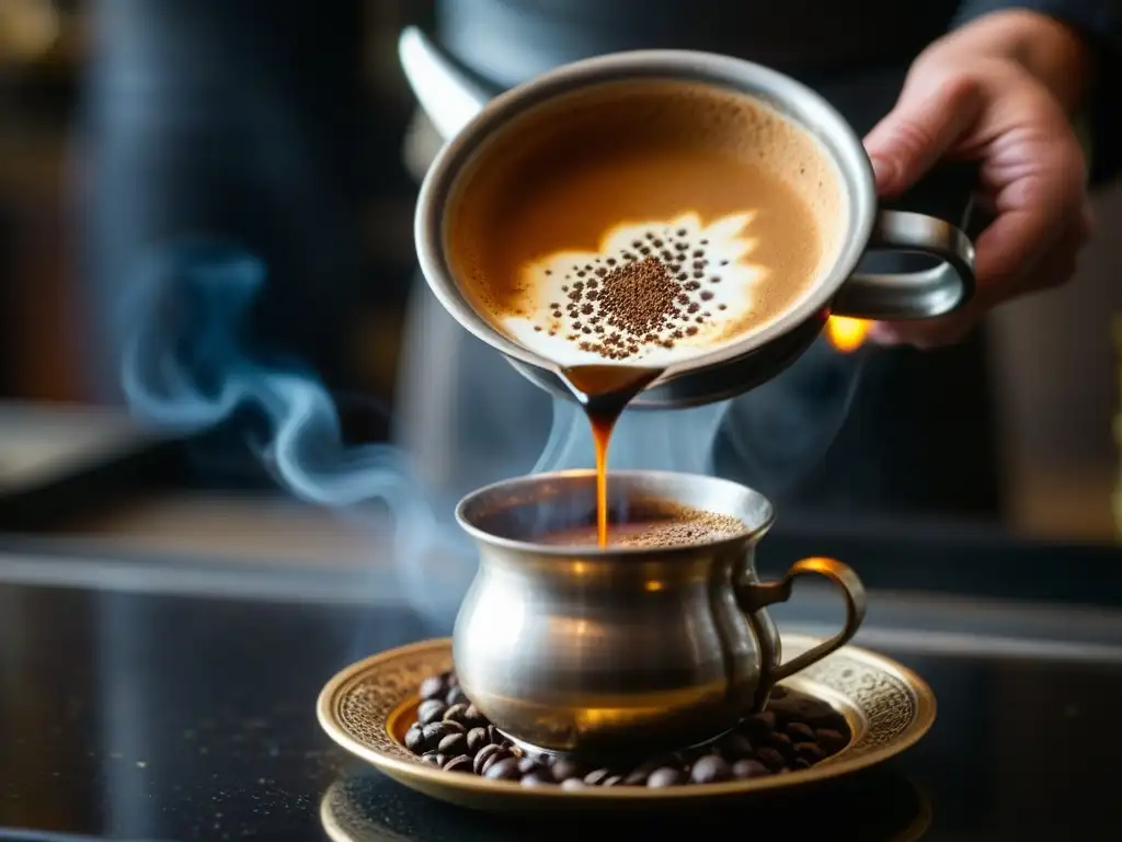 Una escena envolvente de la cultura del café otomano con una cezve burbujeante en la estufa