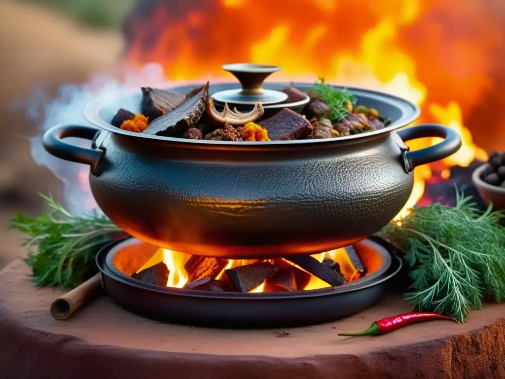 Una escena envolvente y cultural: Olla africana llena de carnes exóticas como kudu y cocodrilo sobre fuego