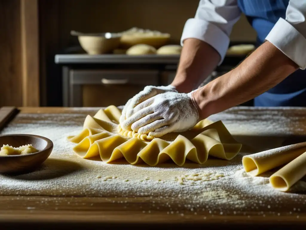 Escena evocadora de la Revolución Industrial en la gastronomía europea con la elaboración artesanal de pasta