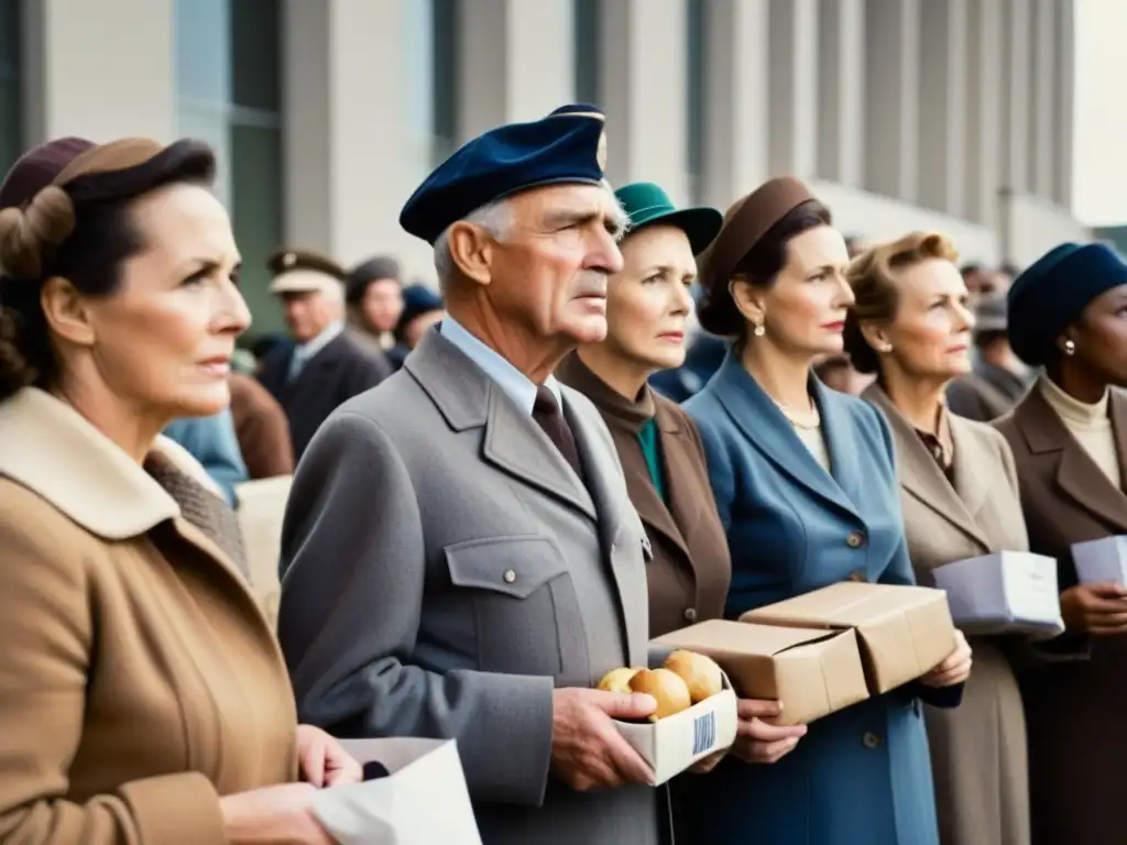 Escena histórica de alimentos falsificados en la historia: gente espera racionamiento en centro de distribución gubernamental