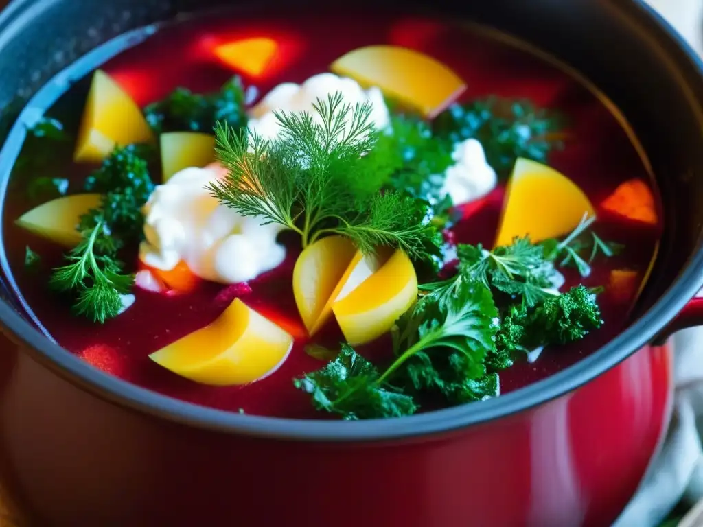 Una escena histórica de cocina rusa: borsch rojo en olla vintage sobre fuego