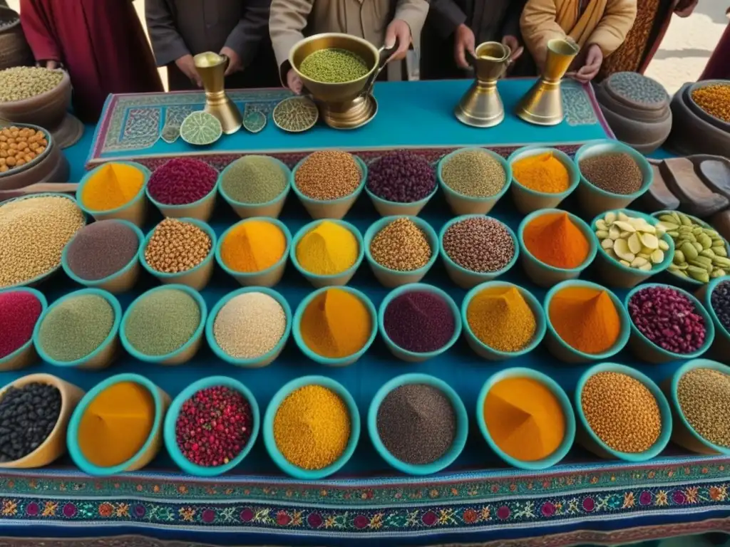 Escena histórica de maridaje entre alimentos y cultura en un bullicioso mercado de la Ruta de la Seda en Uzbekistán, con especias, frutas y cerámica tradicional