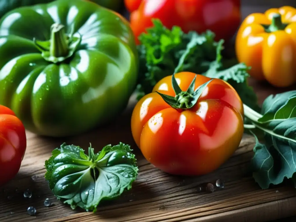 Una escena de la importancia de las estaciones en la producción orgánica, con vibrantes frutas y verduras recién cosechadas en una mesa rústica