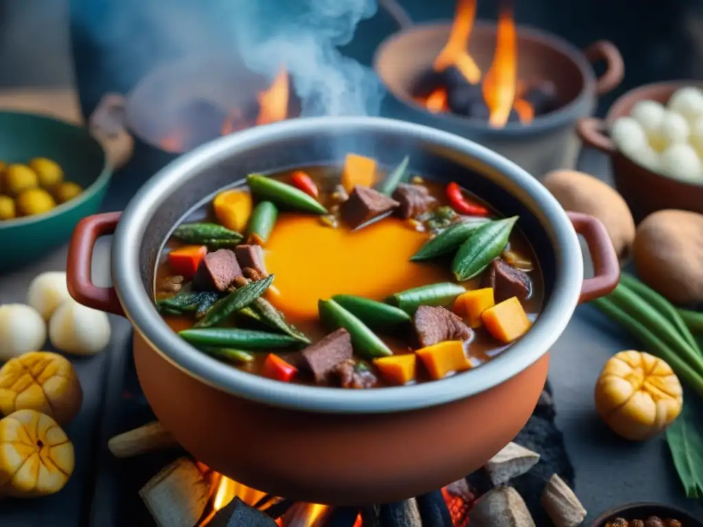 Una escena inmersiva de una sopa saheliana tradicional cocinándose en una olla de barro sobre fuego crepitante