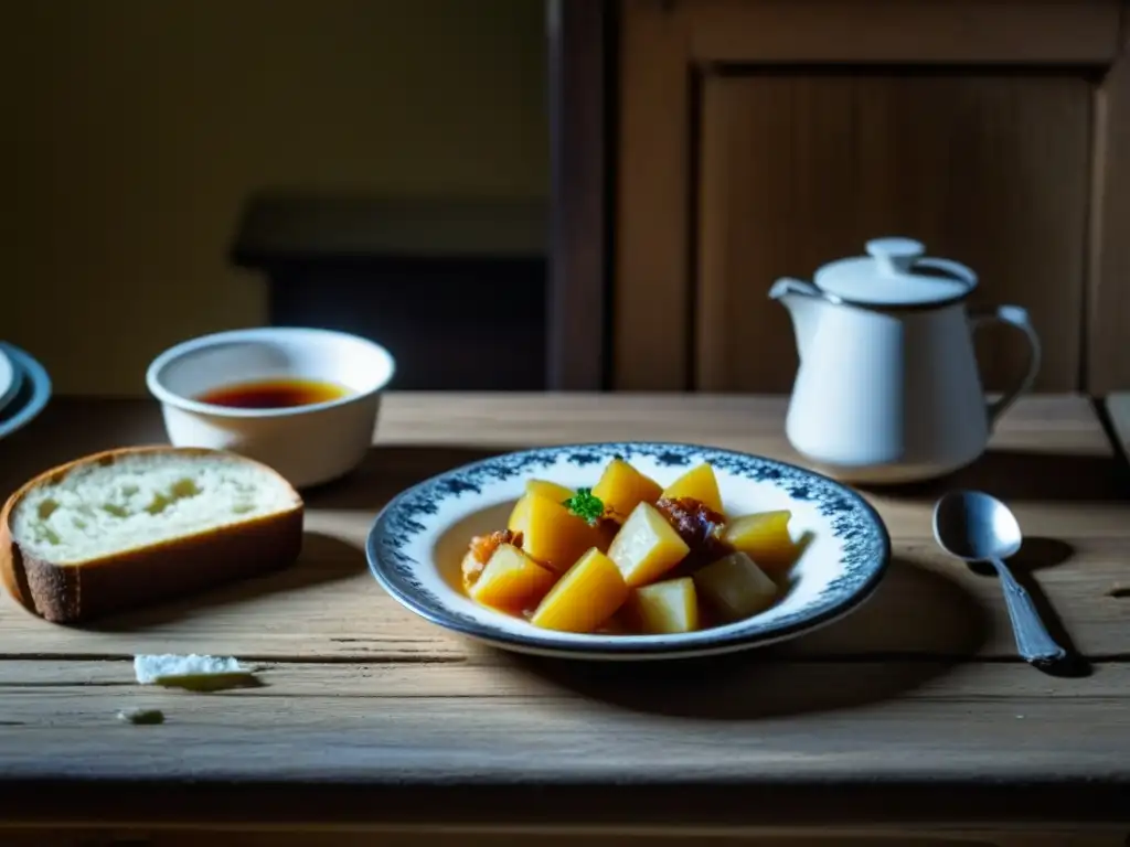 Una escena íntima de cocina en Europa del Este durante la Guerra Fría, con plato de cerámica agrietado, taza de esmalte y pan en mesa desgastada