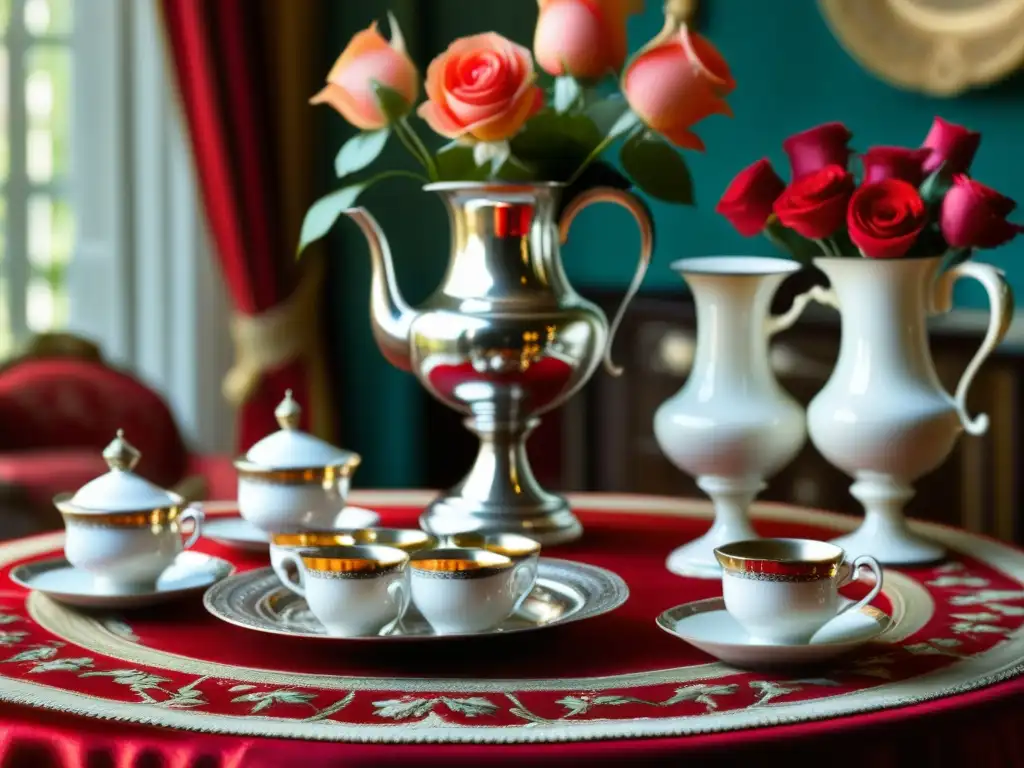 Una escena lujosa y acogedora con un samovar de plata, tazas de porcelana, blinis y rosas rojas, evocando reuniones aristocráticas rusas