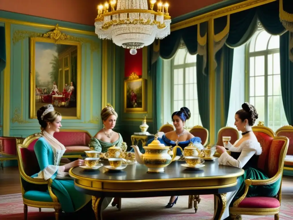 Escena lujosa de aristócratas en un salón europeo del siglo XIX, disfrutando de té en finas tazas de porcelana