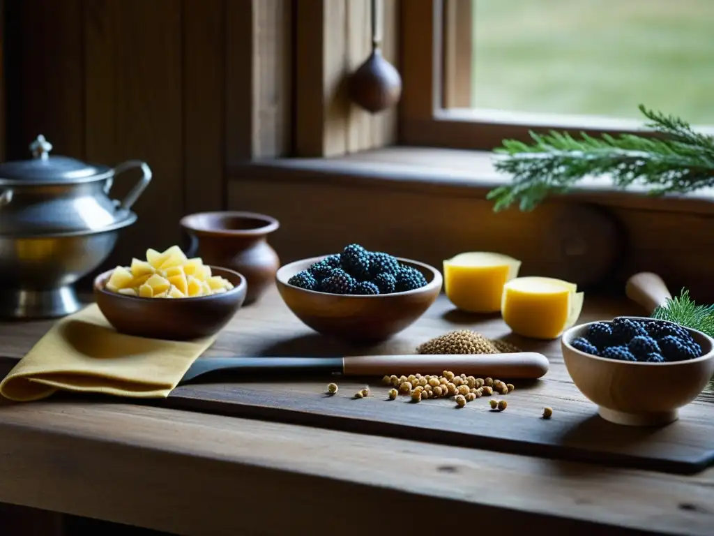 Escena mágica de cocina preVikinga con utensilios y ingredientes antiguos en mesa de madera iluminada por luz natural