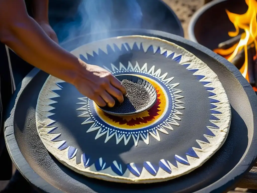 Escena mágica de cocina azteca recetas históricas: tortillas azules sobre comal de barro, cocinadas con especias ancestrales