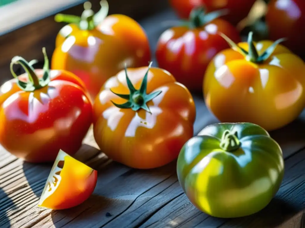 Una escena mágica de tomates hermosos en una mesa de madera en la cocina de invernadero en Escandinavia