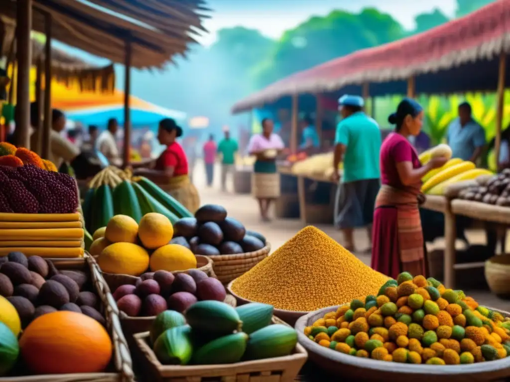 Escena maya detallada con trueque alimenticio en un bullicioso mercado precolombino