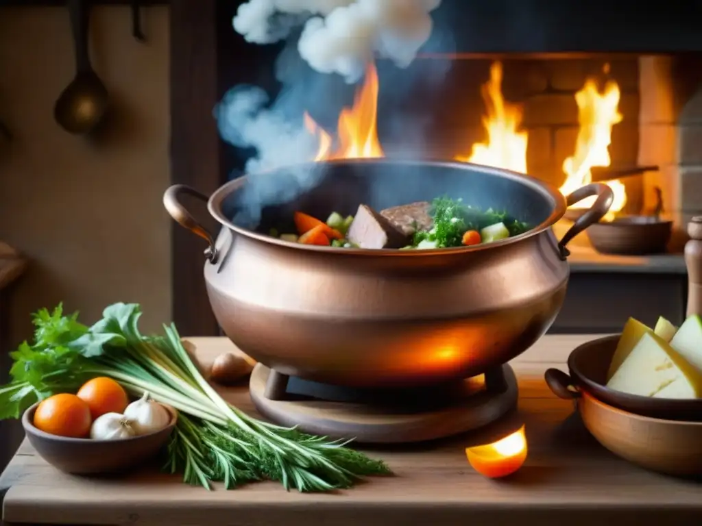 Escena medieval en cocina con caldero de cobre burbujeante sobre fuego