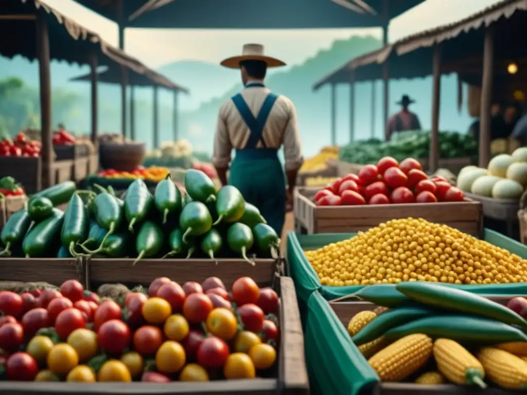 Escena de mercado colonial con vegetales históricos en la dieta, resaltando colores y texturas vibrantes