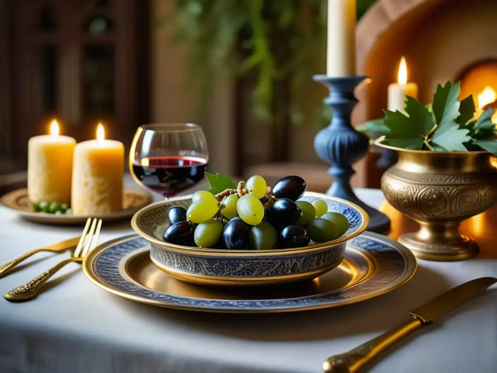 Escena de una mesa de cena griega antigua con detalles ornamentales y una ánfora dorada destacada, relevancia cultural