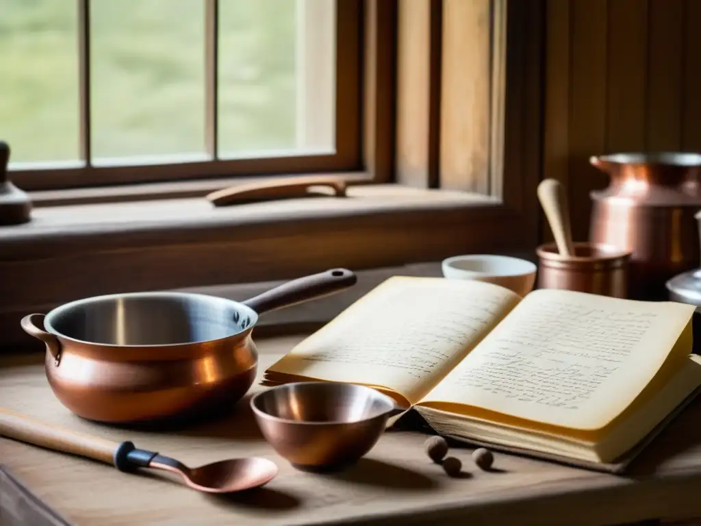 Una escena nostálgica de un antiguo libro de recetas rodeado de herramientas de cocina vintage, iluminado por la luz cálida de una ventana