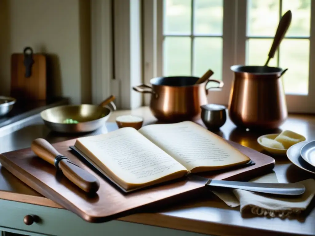 Una escena nostálgica de un antiguo recetario rodeado de herramientas de cocina, evocando historia culinaria