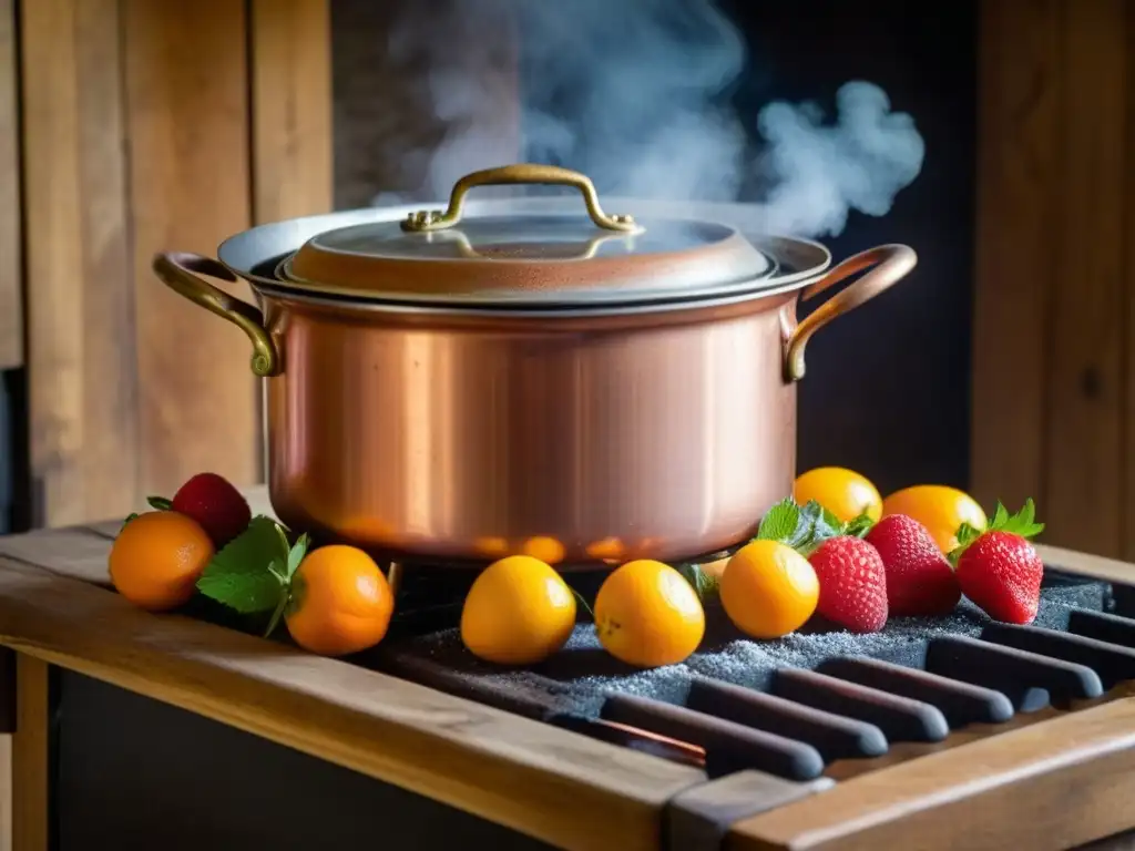 Escena nostálgica de cocina con historia mermeladas confituras cultura: olla de cobre vintage hirviendo frutas coloridas en estufa de leña