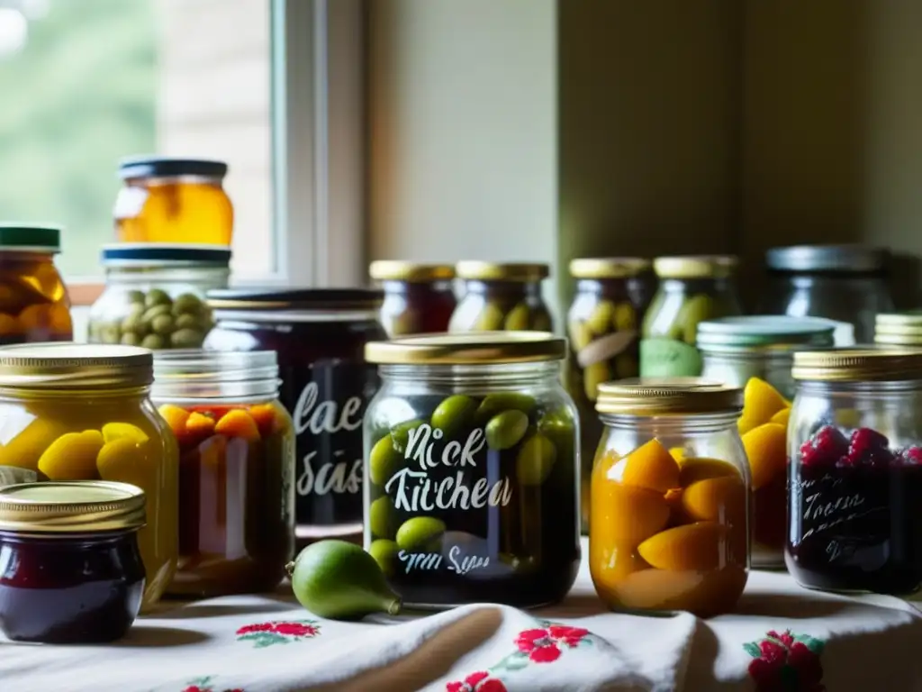 Una escena nostálgica de una mesa soviética con tarros de alimentos en conserva, mostrando innovación culinaria régimen soviético