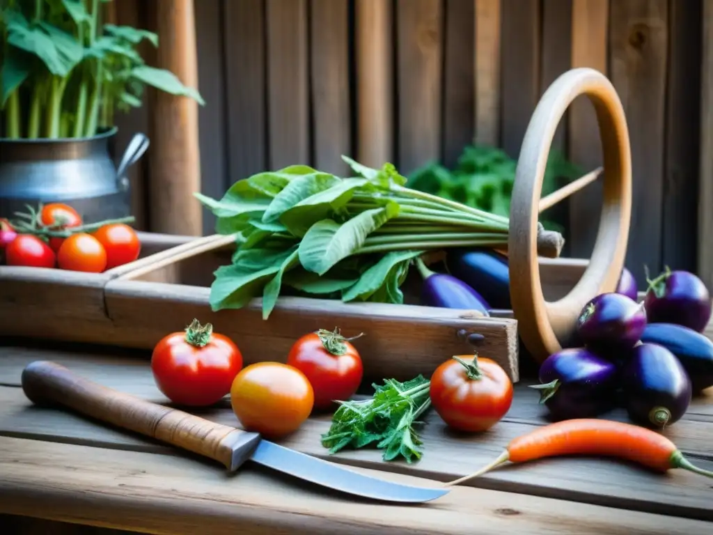 Una escena nostálgica de prácticas agrícolas históricas en la cocina, con herramientas antiguas y hortalizas frescas