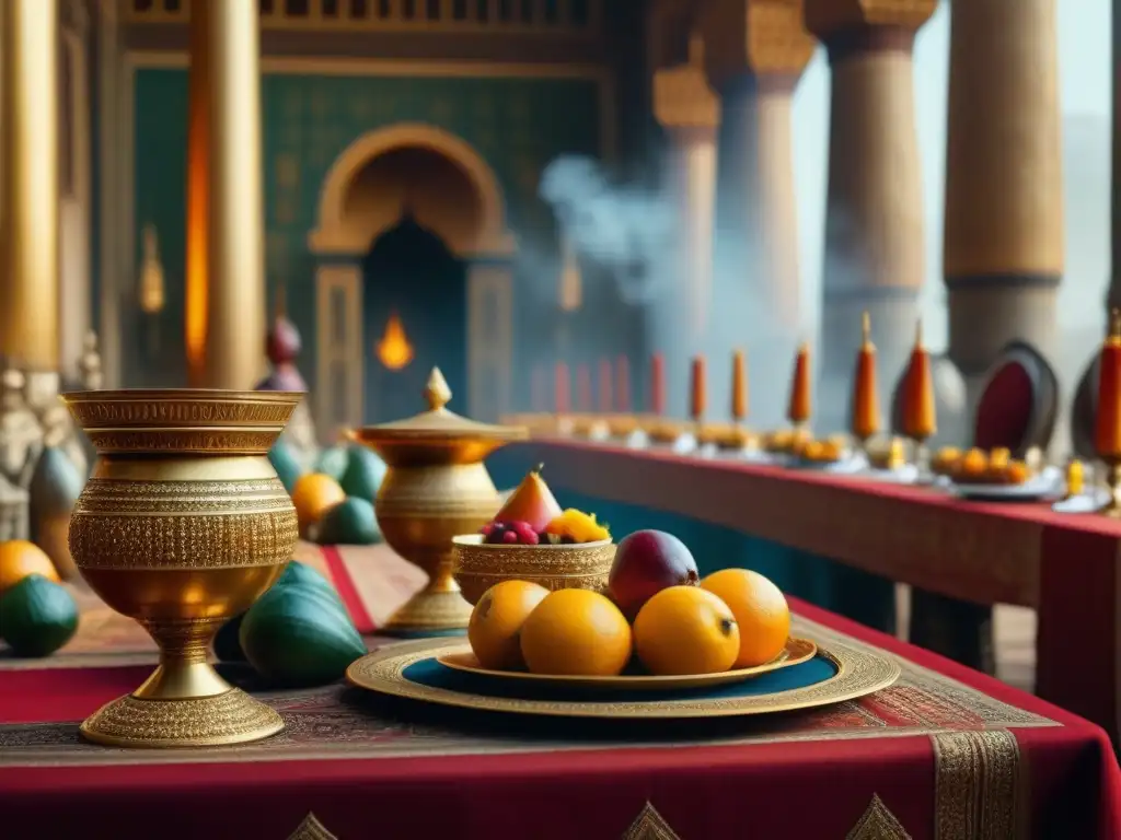 Escena opulenta de banquete real en palacio africano antiguo con frutas exóticas y banquetes reales antiguos reinos africanos