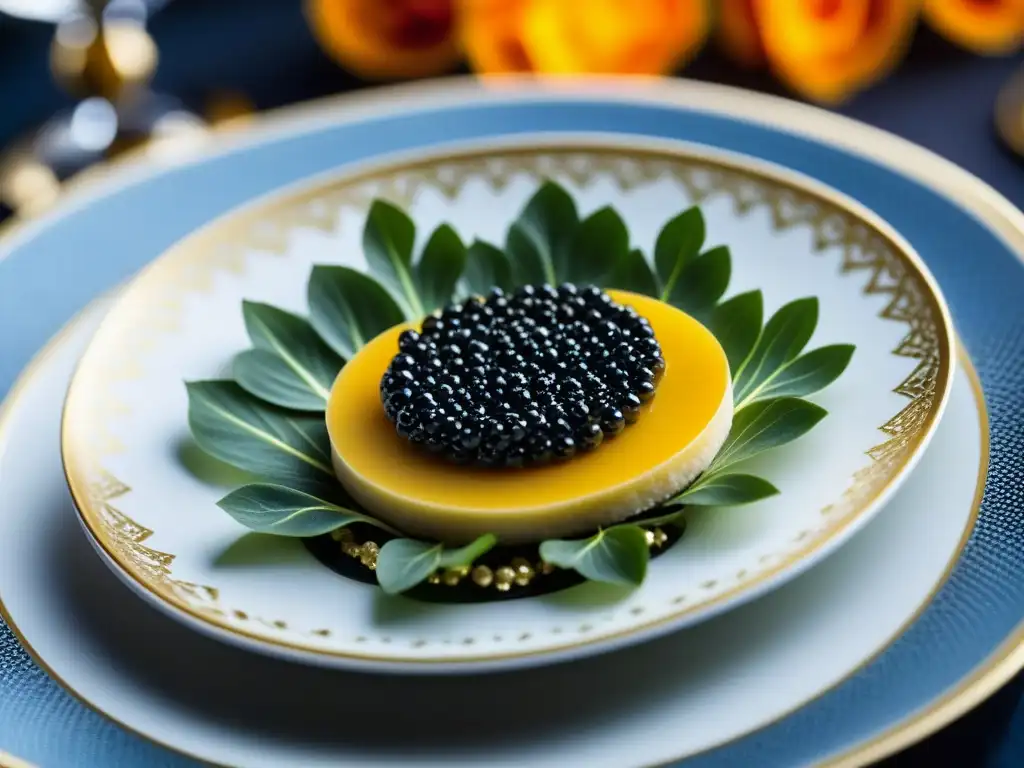 Una escena opulenta de banquetes rusos, fusionando arte culinario francés y ruso con caviar, blinis y detalles dorados