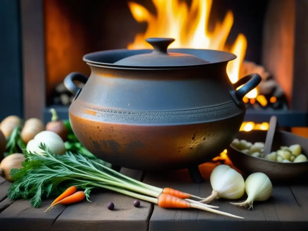 Escena de recetas históricas con olla de hierro en fogata, ingredientes antiguos y atmosfera cálida