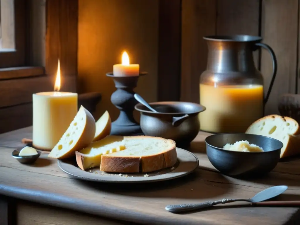 Escena rústica en cocina medieval: mesa de madera con comida campesina de la Edad Media