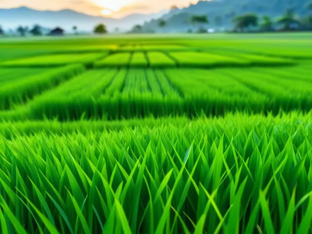 Escena serena de arrozales verdes en Asia, con agricultores locales