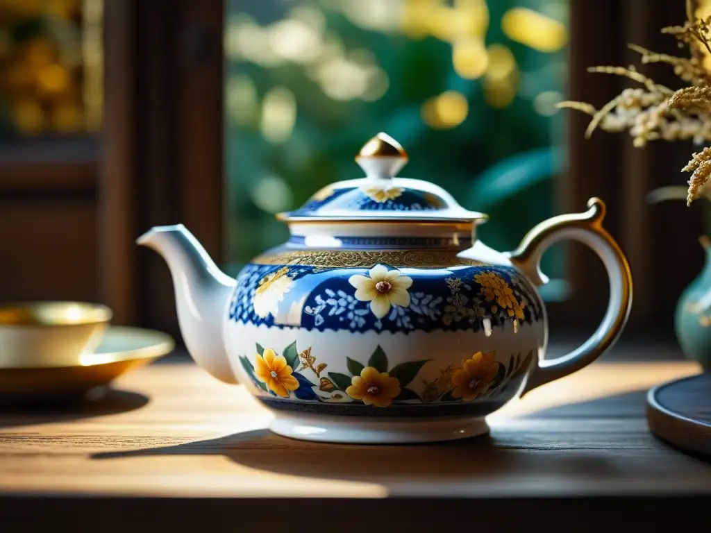 Escena del siglo XIX: antigua tetera de porcelana con ornamentos florales y hojas de té secas