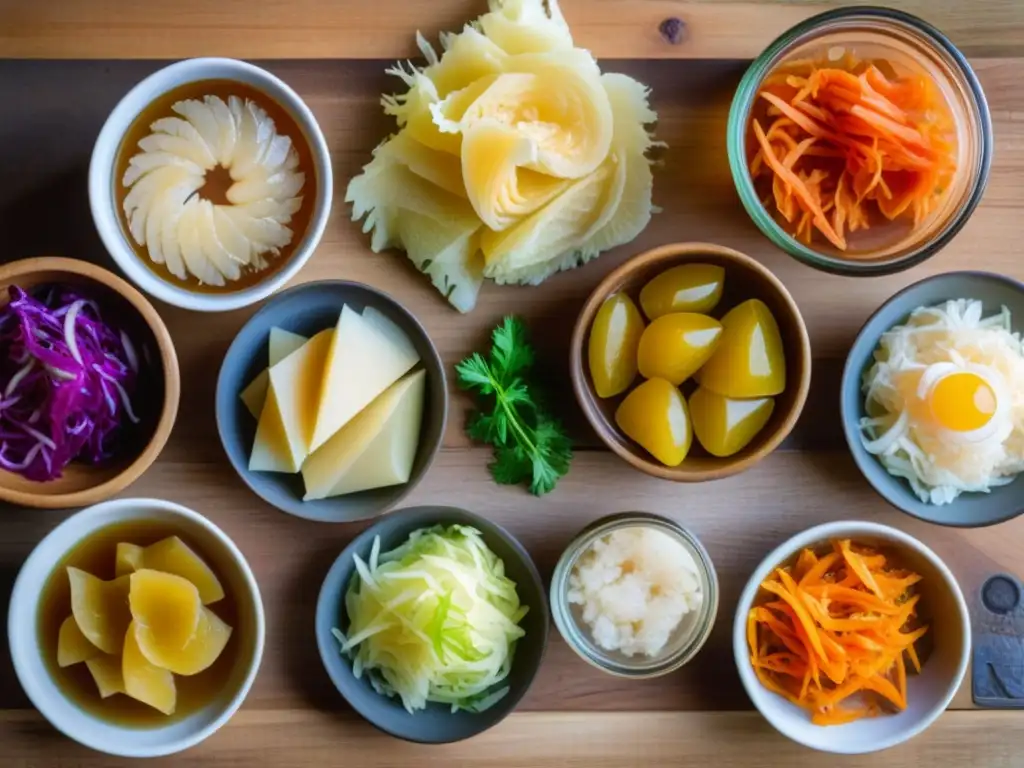 Una escena vibrante de alimentos fermentados en gastronomía histórica, con kimchi, sauerkraut, miso, kefir y kombucha