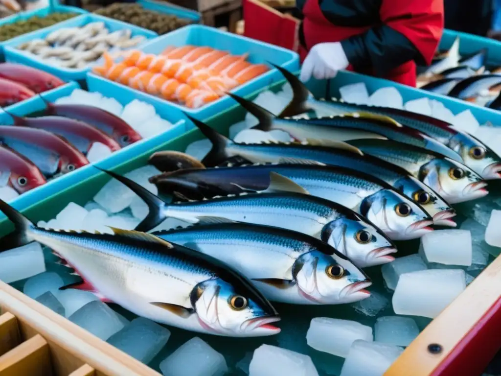 Una escena vibrante de un bullicioso mercado de pescado japonés, destacando la importancia histórica del consumo de pescado en Japón