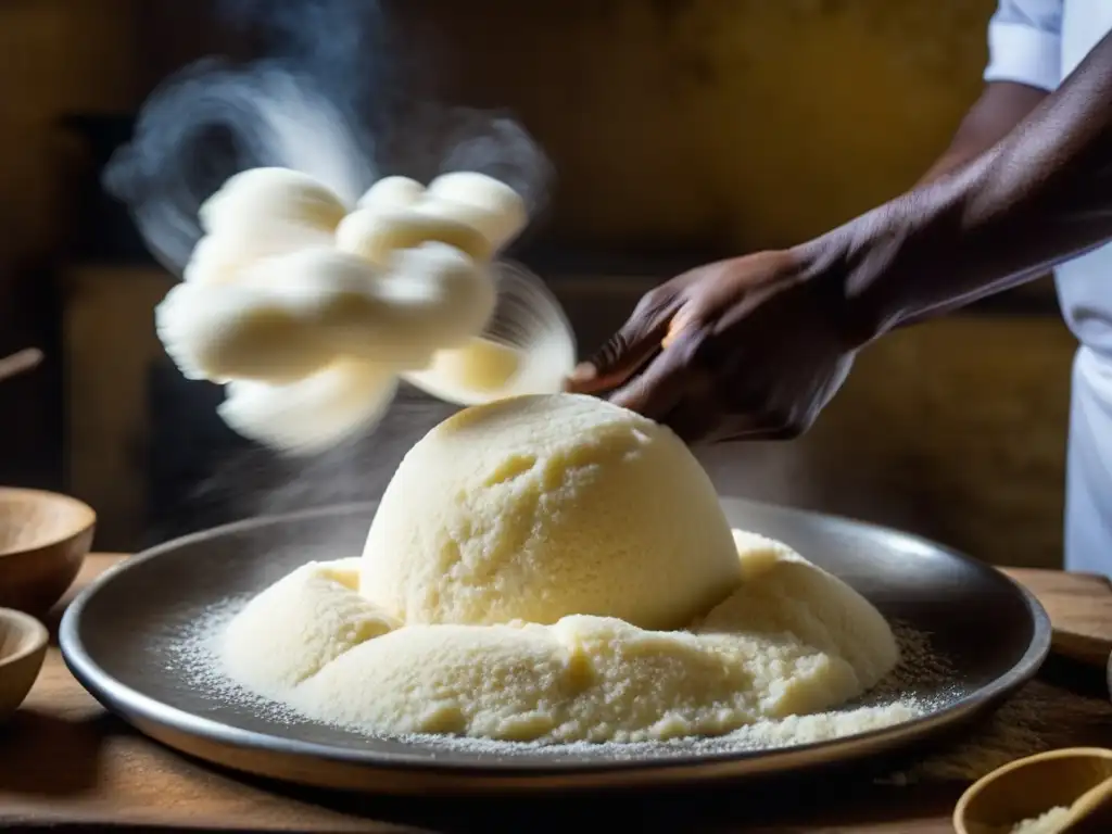 Una escena vibrante de cocina africana: manos expertas preparan fufu en un bullicioso ambiente de cocina africana