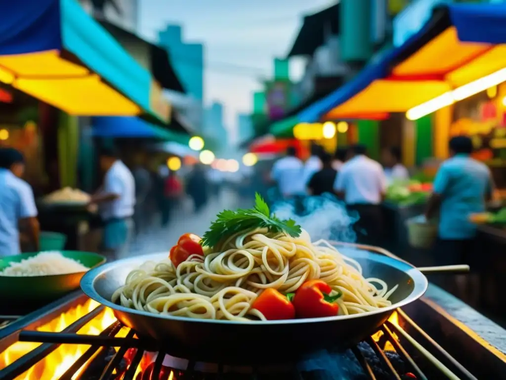 Una escena vibrante de la cocina callejera del sudeste asiático en Bangkok, Tailandia