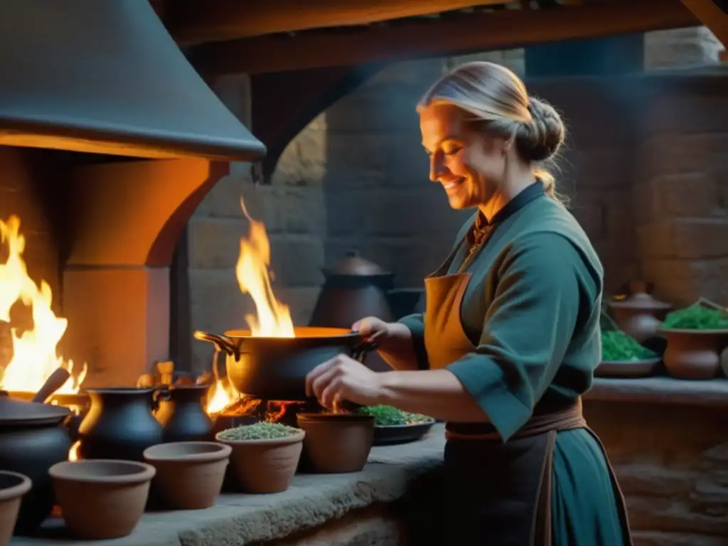 Escena vibrante de cocina en castillo medieval europeo con fuego, ollas burbujeantes y chef preparando banquete