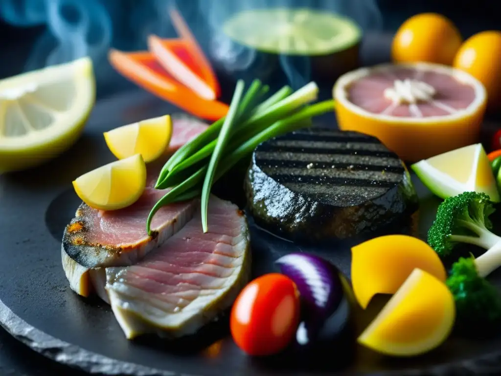 Deléitate con una escena vibrante de cocina sobre piedra caliente con carnes, verduras y mariscos cocinándose, una tradición culinaria rica y diversa