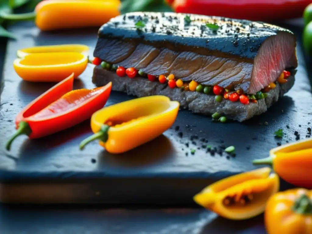 Una escena vibrante de cocina sobre piedra caliente: ingredientes frescos sobre la losa ardiente con brasas incandescentes