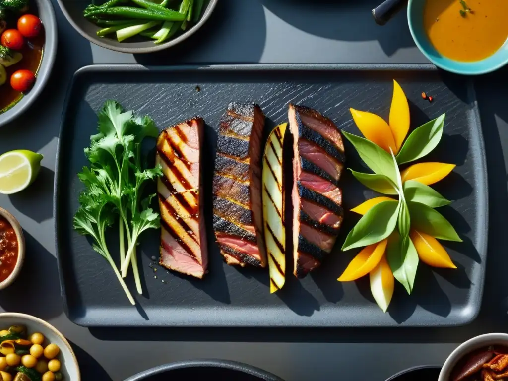 Una escena vibrante de cocina sobre piedra caliente, con carnes y vegetales dorándose a la perfección en una parrilla