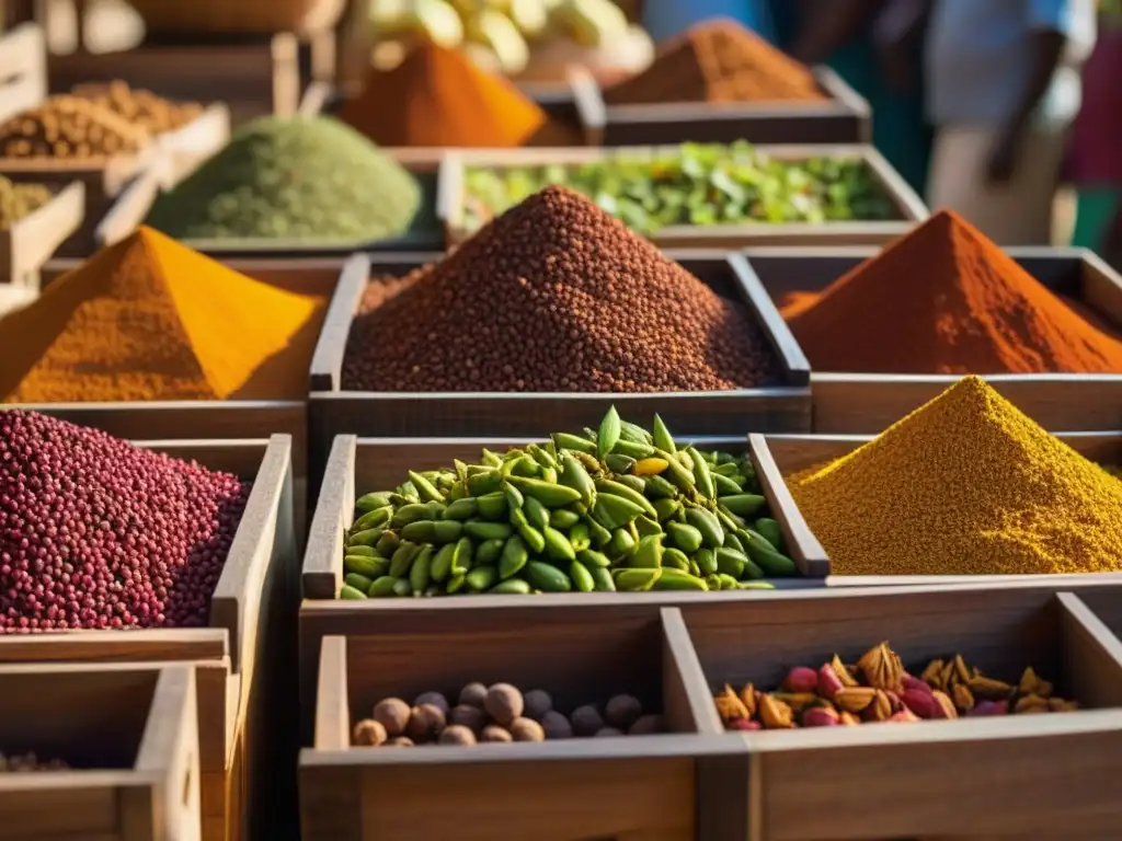 Mercado de especias en Zanzíbar: colores y aromas africanos 'Escena vibrante de comercio de especias en Zanzíbar, Tanzania, con texturas y patrones detallados bajo el cálido sol africano
