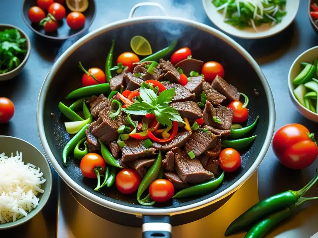 Una escena vibrante y detallada de la preparación del lomo saltado, reflejando la historia del plato culturalmente