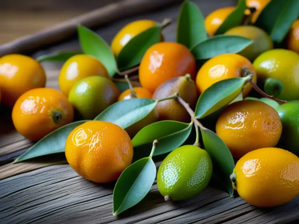 Una escena vibrante de kumquats, limas y tamarindos frescos en una mesa rústica