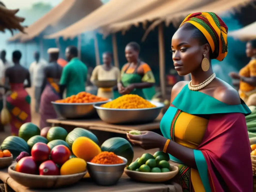 Escena vibrante de mercado africano con vendedores de frutas y verduras, hombres cocinando plato tradicional sobre fuego