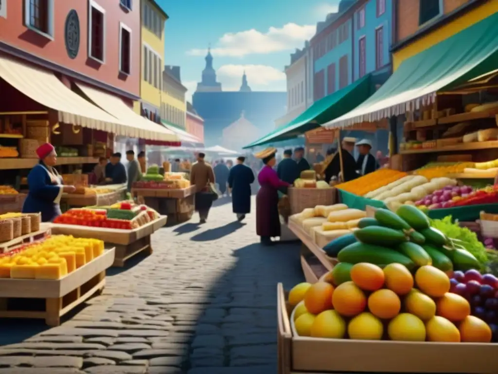 Escena vibrante de mercado con alimentos europeos en dieta indígena en una fusión histórica