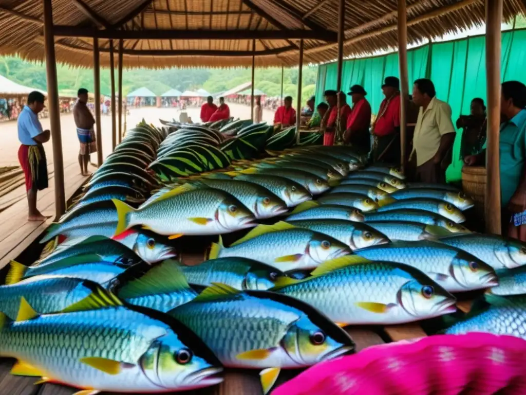 Escena vibrante en mercado amazónico con pescados gigantes y personas indígenas, Recetas históricas pescados gigantes Amazonía