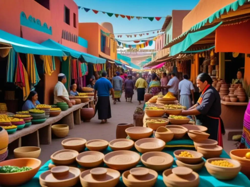 Escena vibrante de mercado azteca con vendedor de guajolote en platos de barro